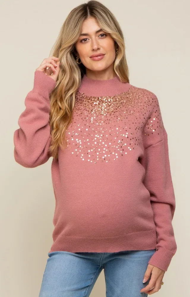 Mauve Sequin Knit Mock Neck Maternity Sweater