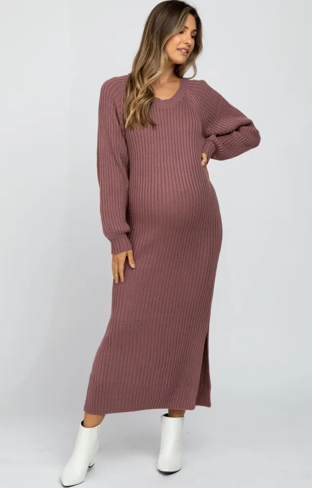 Mauve Side Slit Maternity Maxi Sweater Dress