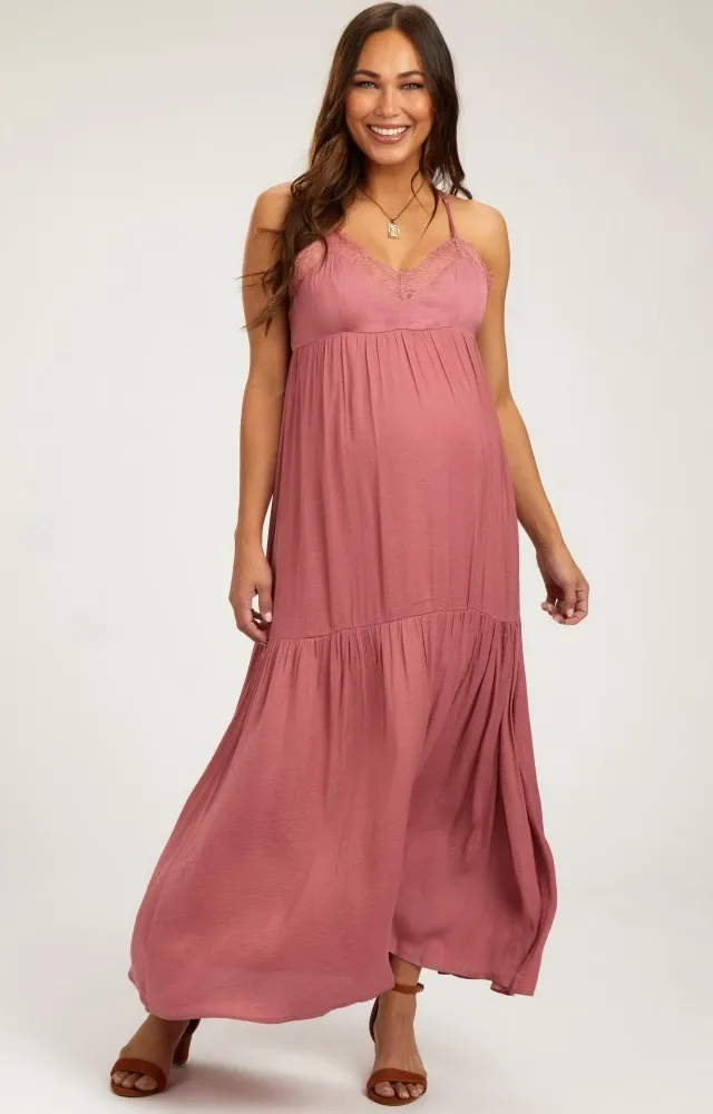 Mauve Sleeveless Lace Tiered Maternity Maxi Dress