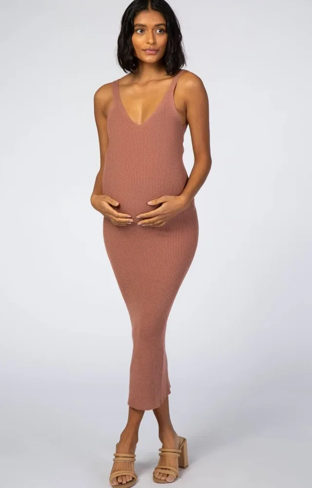 Mauve Sleeveless V-Neck Maternity Sweater Dress