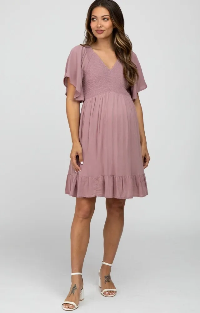 Mauve Smocked Front Ruffle Hem Maternity Dress