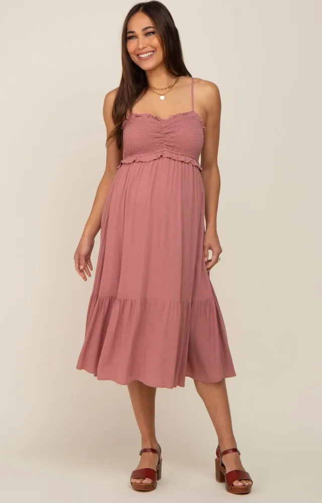 Mauve Smocked Ruffle Accent Maternity Midi Dress