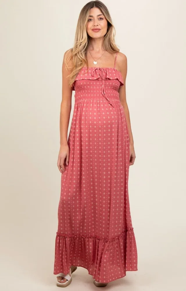 Mauve Smocked Sleeveless Floral Maternity Maxi Dress