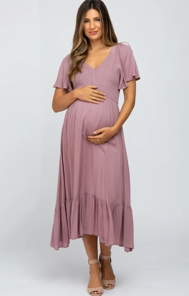 Mauve Smocked V-Neck Maternity Midi Dress