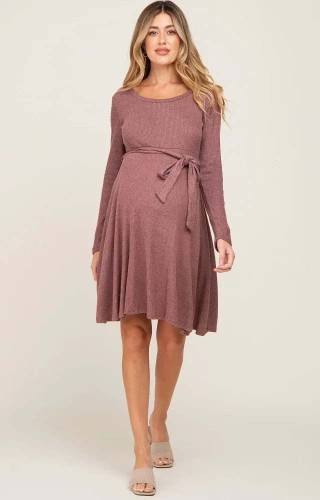 Mauve Soft Rib Knit Sash Tie Maternity Dress