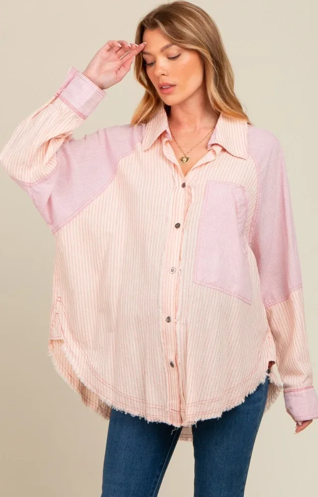 Mauve Striped Button Down Oversized Long Sleeve Maternity Top