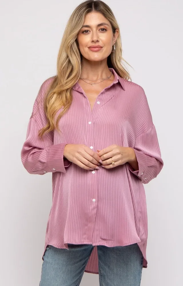 Mauve Striped Button Up Maternity Top