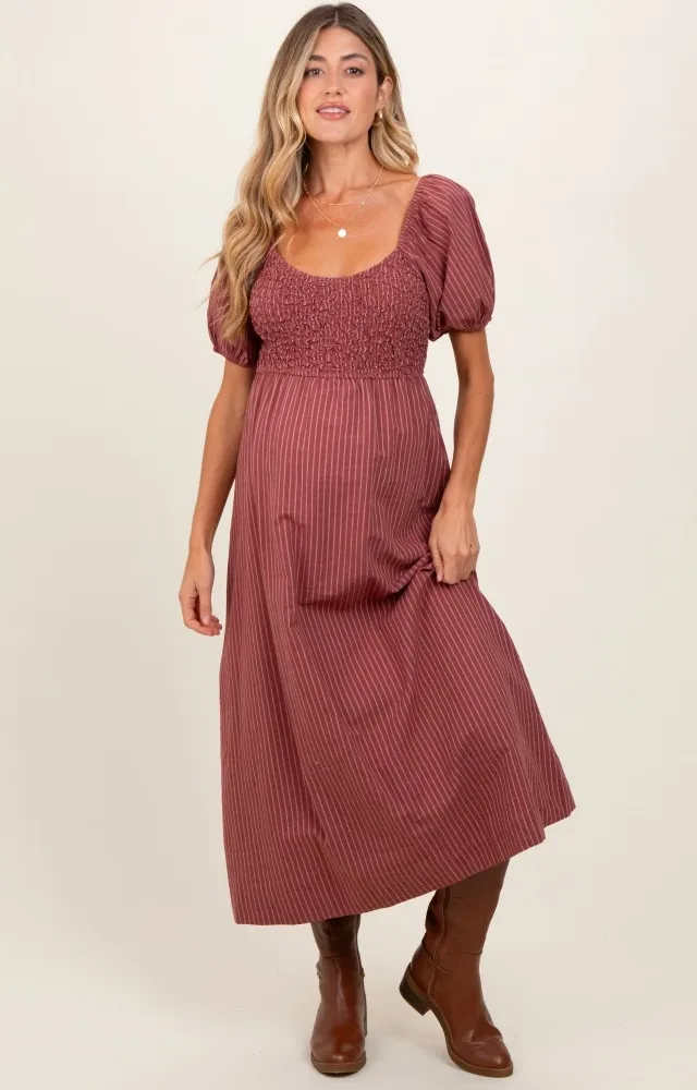 Mauve Striped Popcorn Smocked Maternity Midi Dress