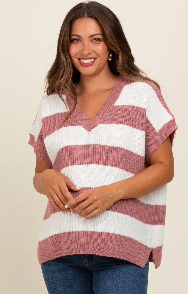 Mauve Striped V-Neck Maternity Sweater Top