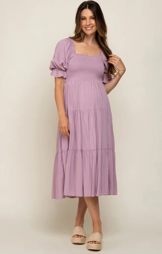 Mauve Swiss Dot Smocked Maternity Midi Dress