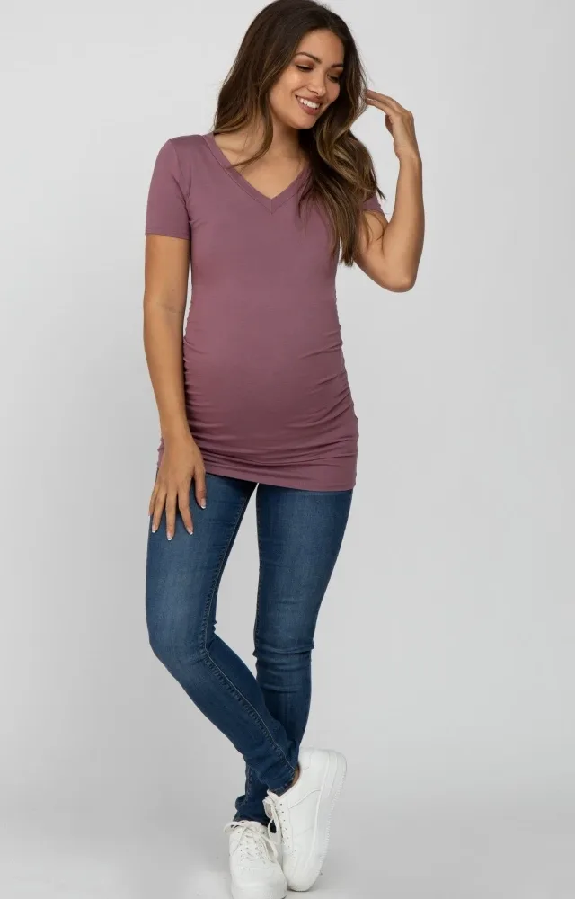 Mauve V-Neck Ruched Side Maternity Top