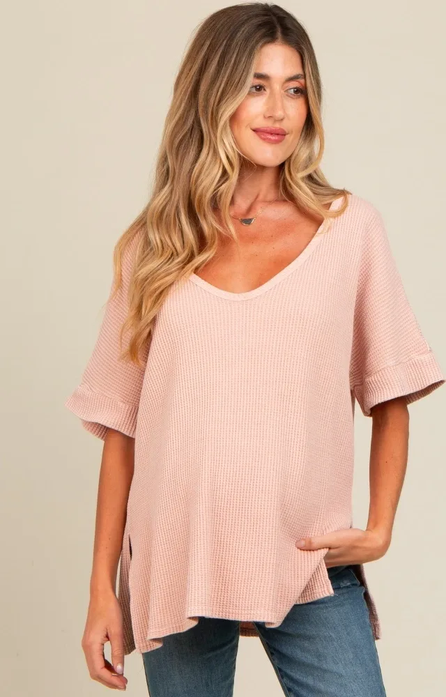 Mauve Waffle Knit V-Neck Maternity Top