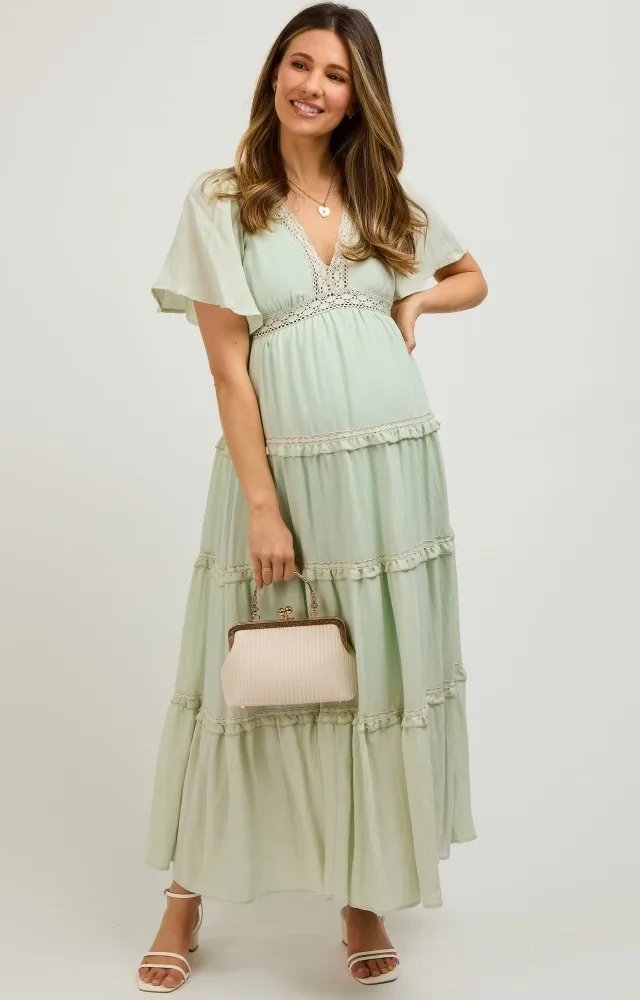 Mint Crochet Lace Tiered Maternity Maxi Dress