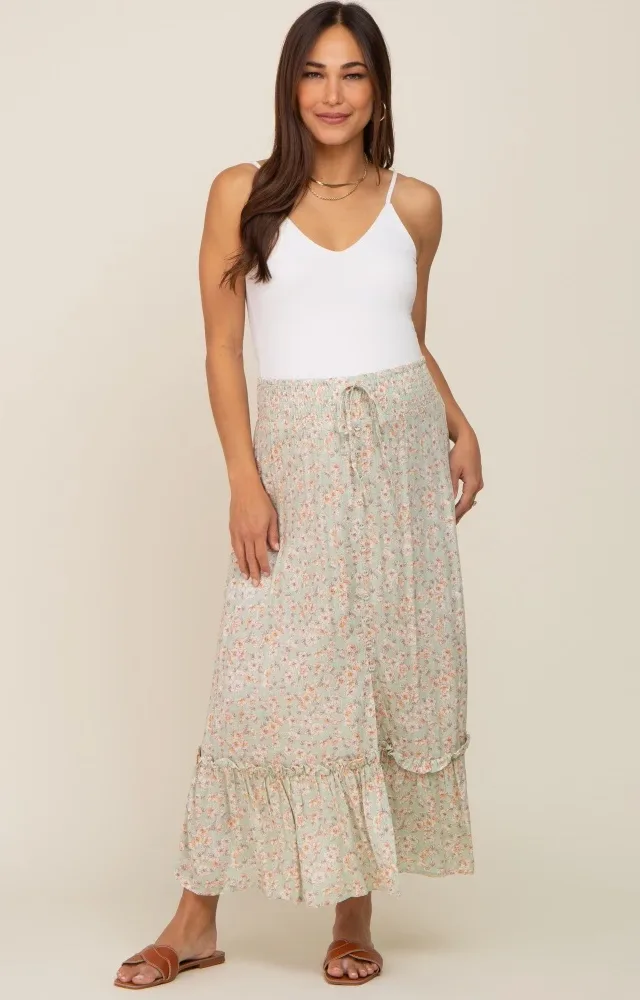 Mint Floral Button Ruffle Maternity Maxi Skirt