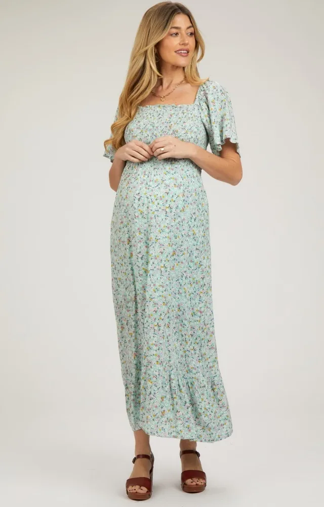 Mint Floral Smocked Maternity Maxi Dress