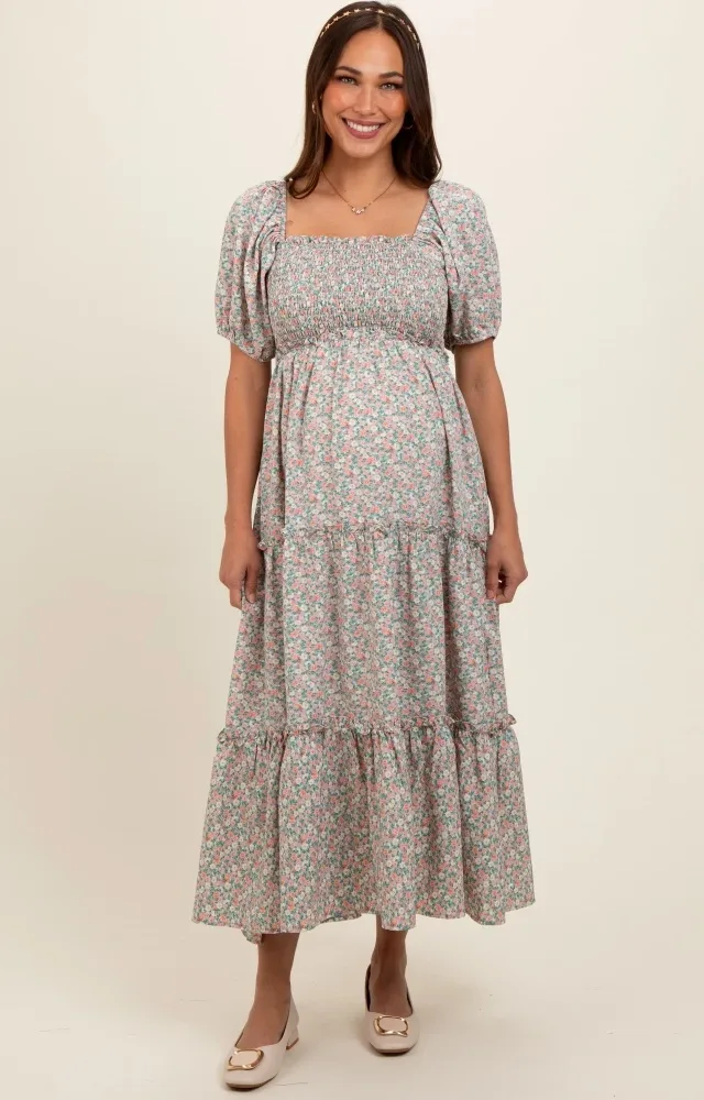 Mint Floral Smocked Tiered Puff Sleeve Maternity Maxi Dress