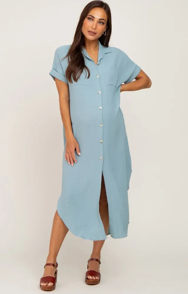 Mint Green Button Down Hi Low Maternity Maxi Dress