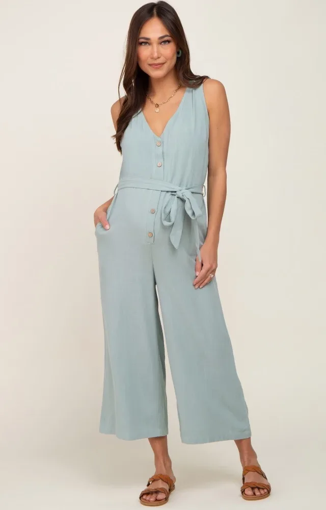 Mint Green Button Front Maternity Cropped Jumpsuit