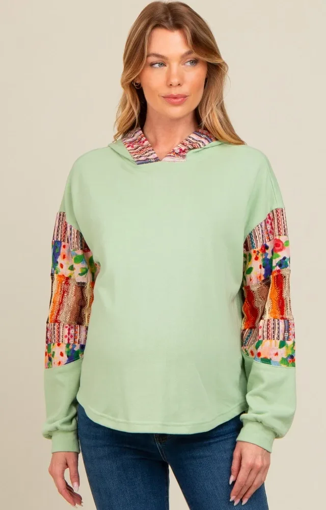 Mint Green Contrast Print Sleeve Hooded Maternity Top