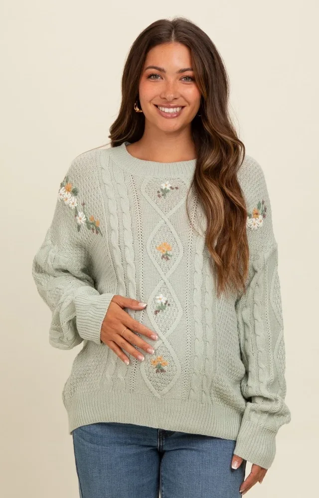 Mint Green Embroidered Flower Cable Knit Maternity Sweater