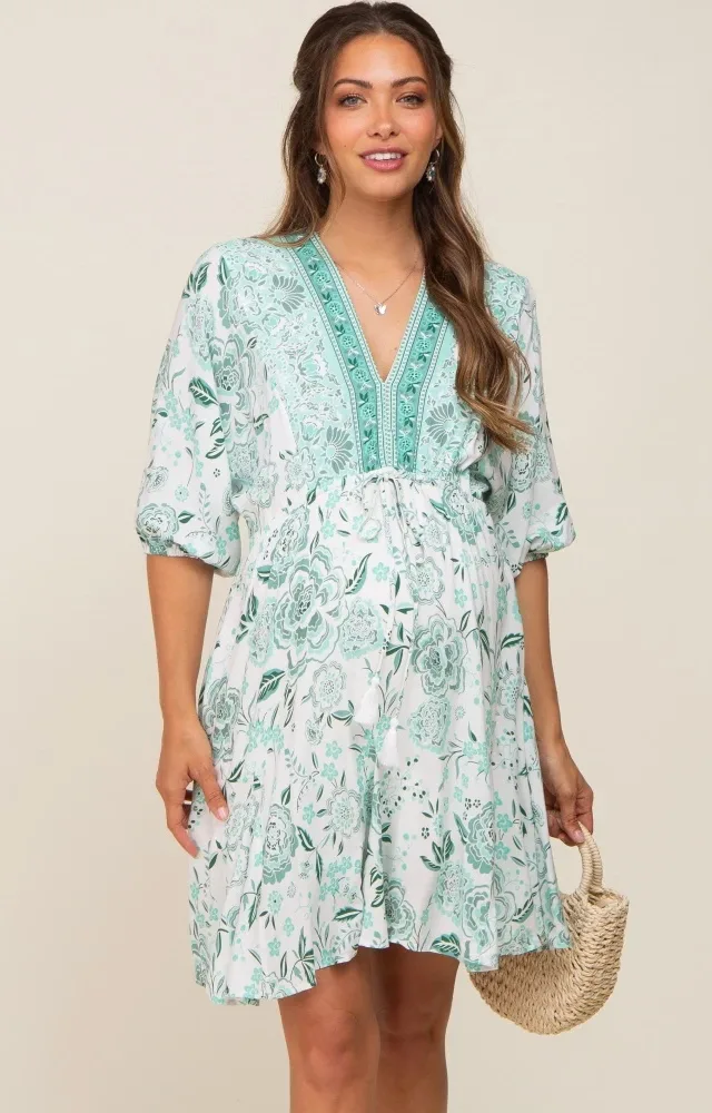 Mint Green Floral Border Print Maternity Dress