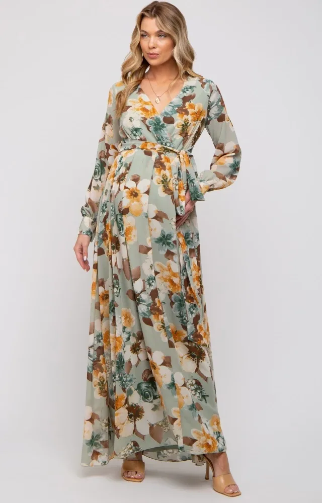 Mint Green Floral Chiffon Wrap Front V-Neck Long Sleeve Maternity Maxi Dress