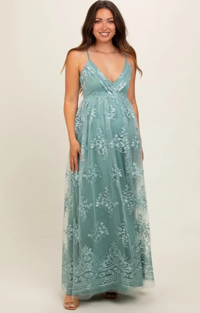 Mint Green Floral Lace Overlay Maternity Maxi Dress