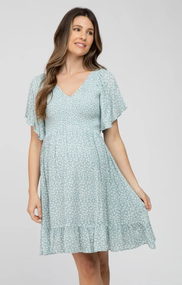 Mint Green Floral Print Smocked Maternity Dress