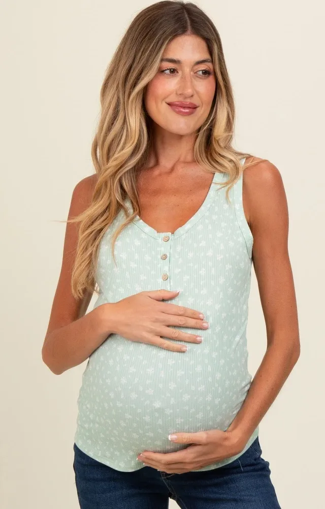 Mint Green Floral Ribbed Henley Maternity Tank Top