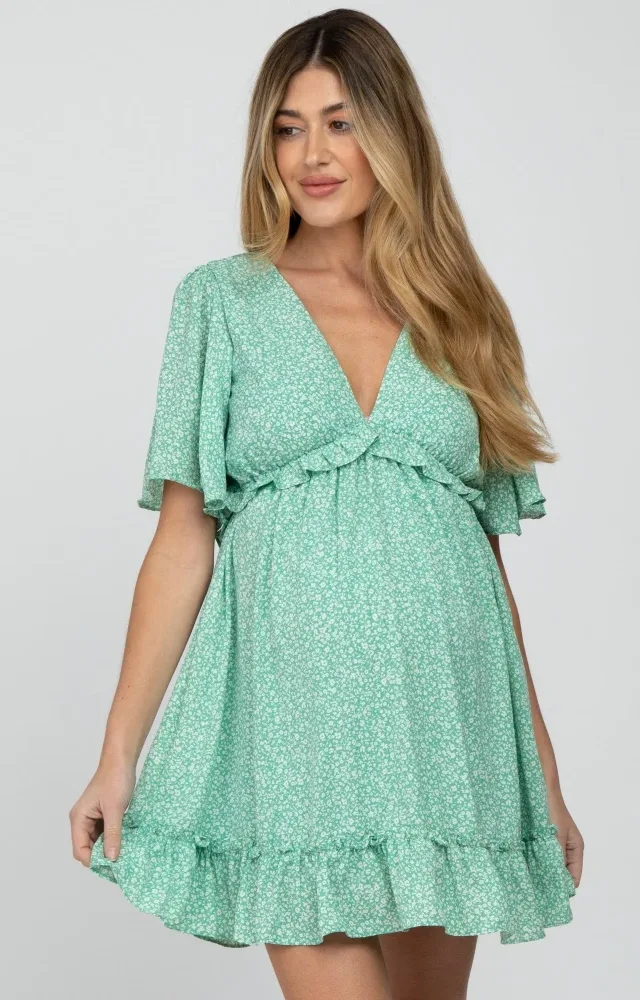 Mint Green Floral Ruffle Accent Cutout Maternity Dress