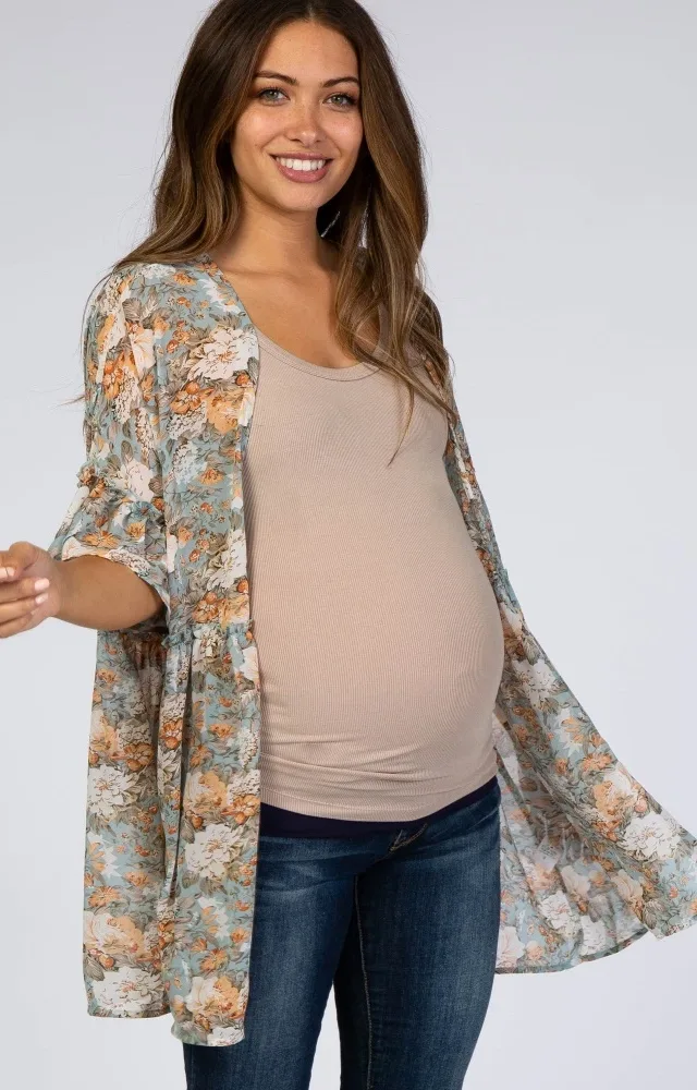 Mint Green Floral Ruffle Hem Maternity Cover Up