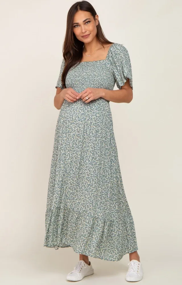 Mint Green Floral Smocked Flounce Sleeve Maternity Dress