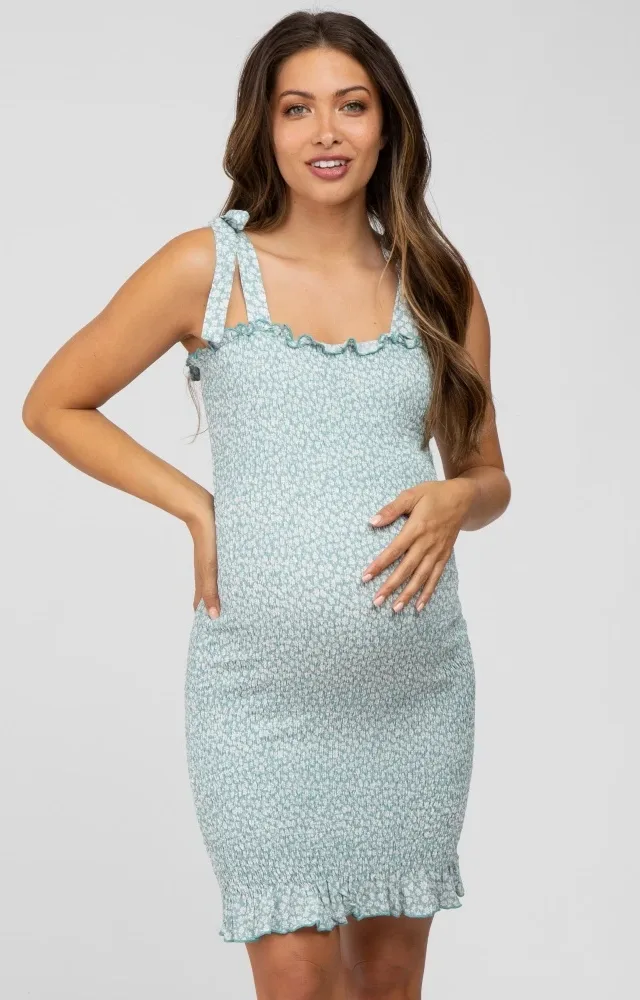 Mint Green Floral Smocked Square Neck Tied Strap Maternity Dress