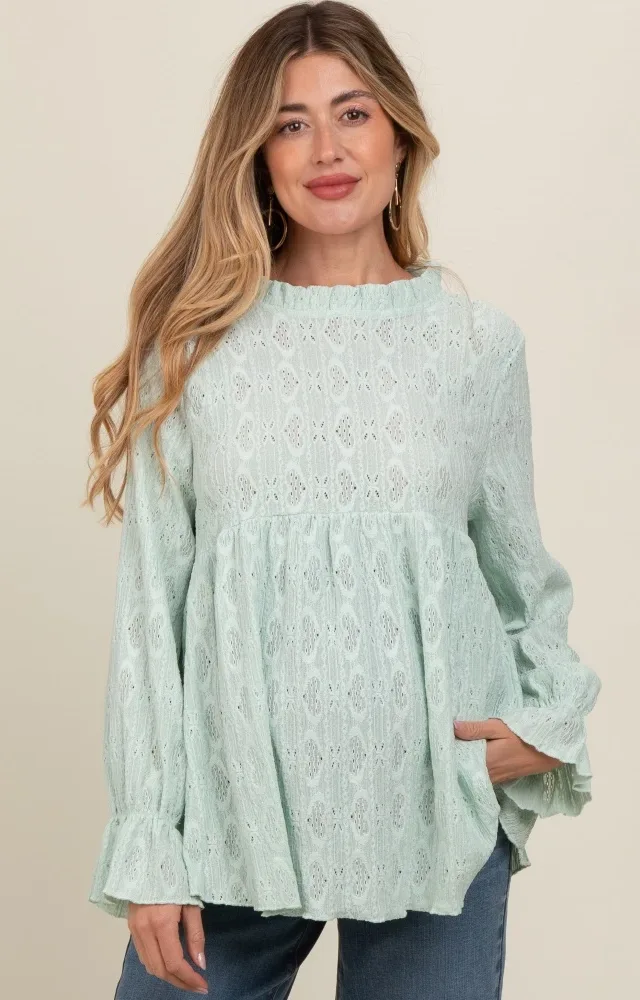 Mint Green Lace Ruffled Neck Maternity Top