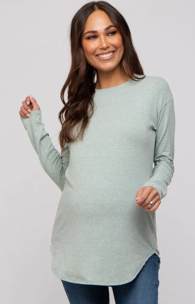 Mint Green Long Sleeve Curved Hem Maternity Top