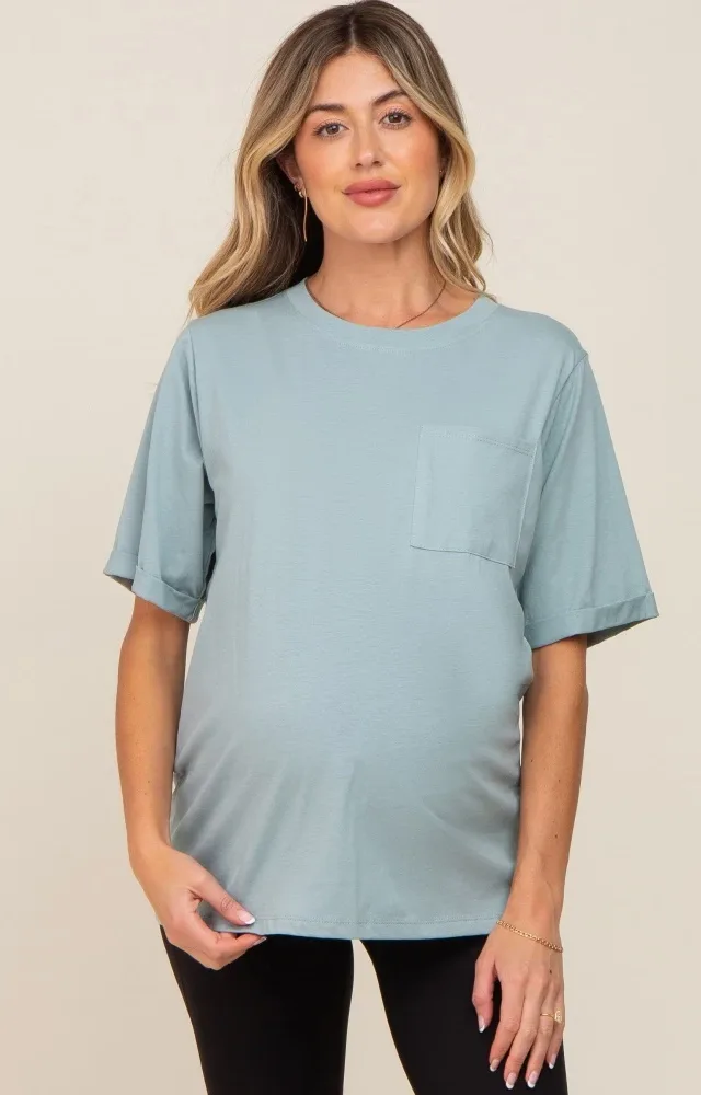 Mint Green Pocket Front Short Sleeve Maternity Top