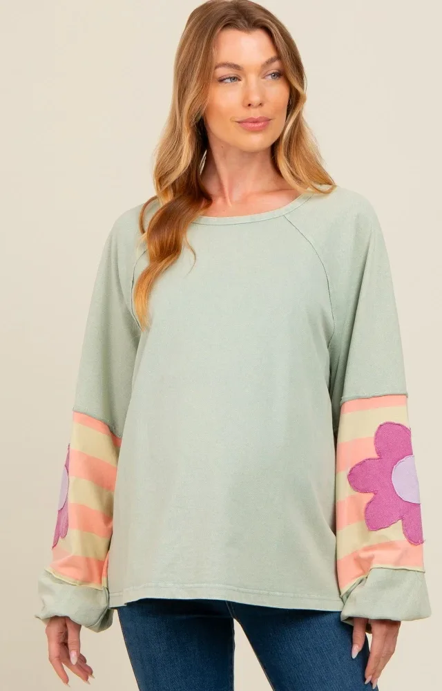 Mint Green Raw Edge Flower Patch Maternity Top