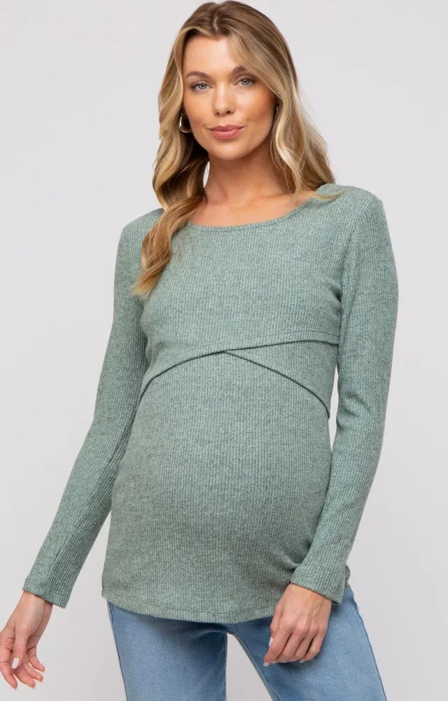 Mint Green Ribbed Crossover Maternity/Nursing Top