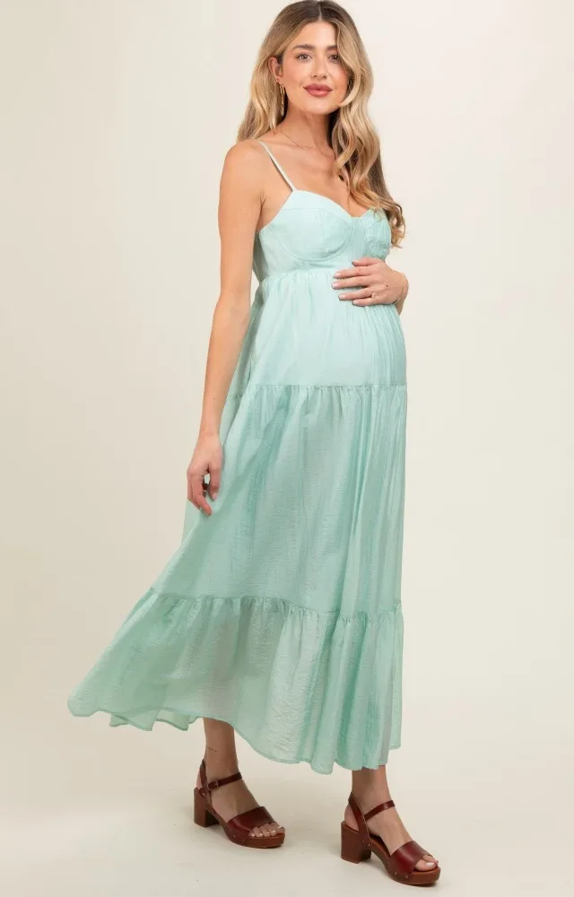 Mint Green Sleeveless Tiered Maternity Maxi Dress