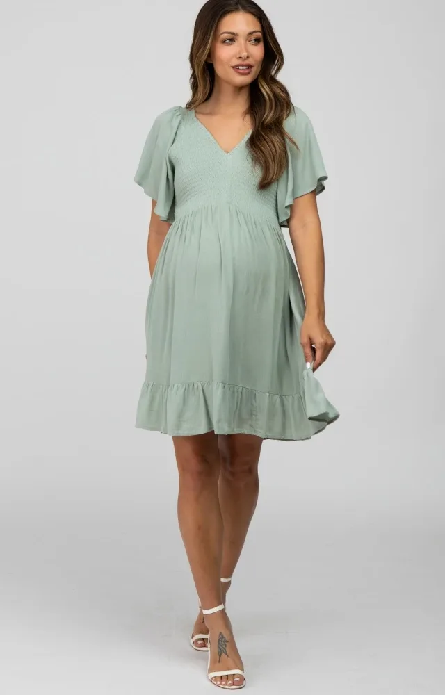 Mint Green Smocked Front Ruffle Hem Maternity Dress