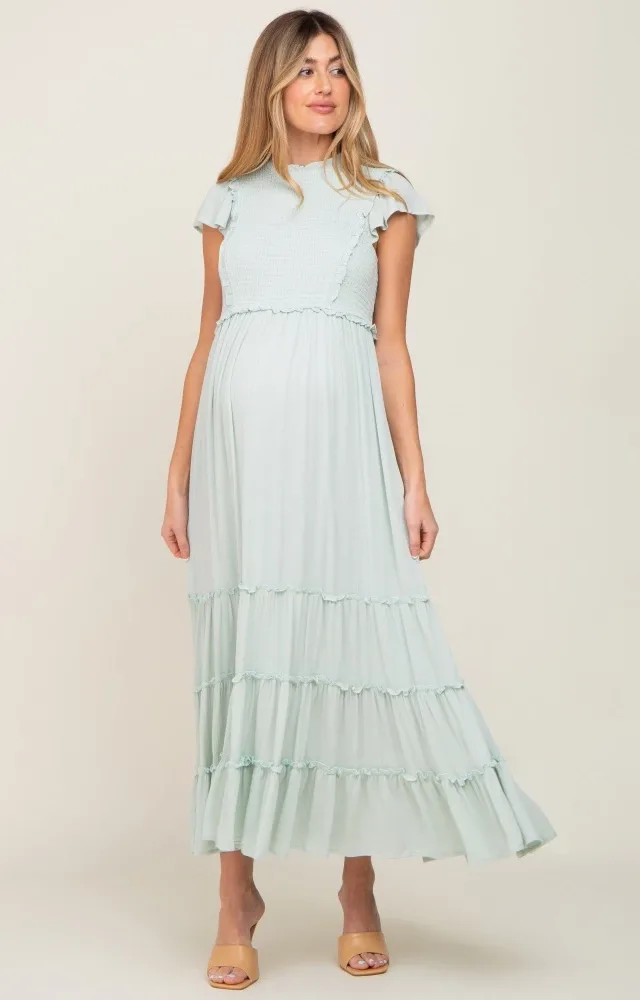 Mint Green Smocked Ruffle Tiered Maternity Maxi Dress