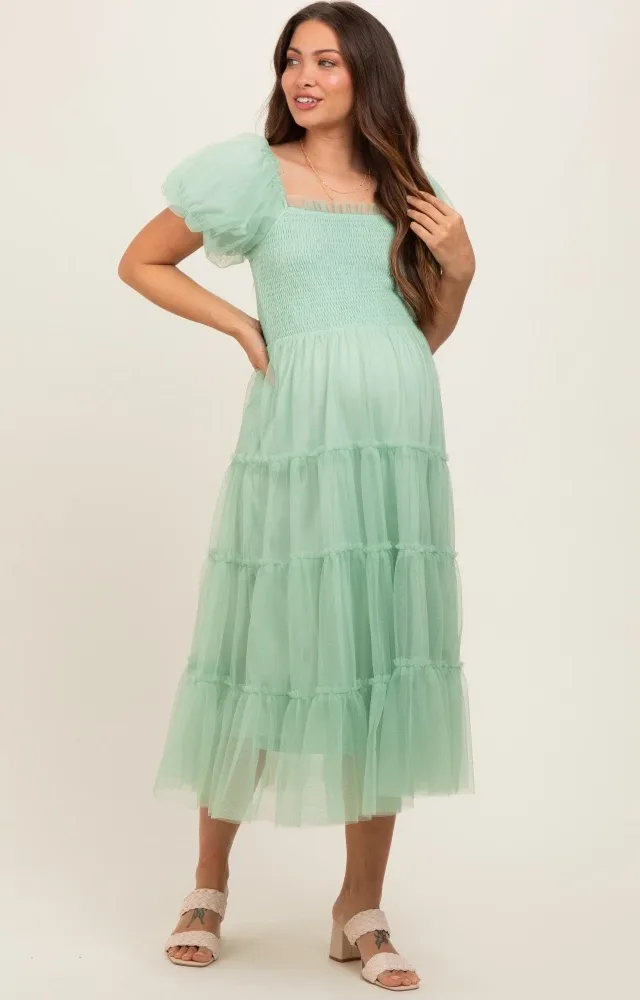 Mint Green Smocked Tiered Tulle Maternity Midi Dress