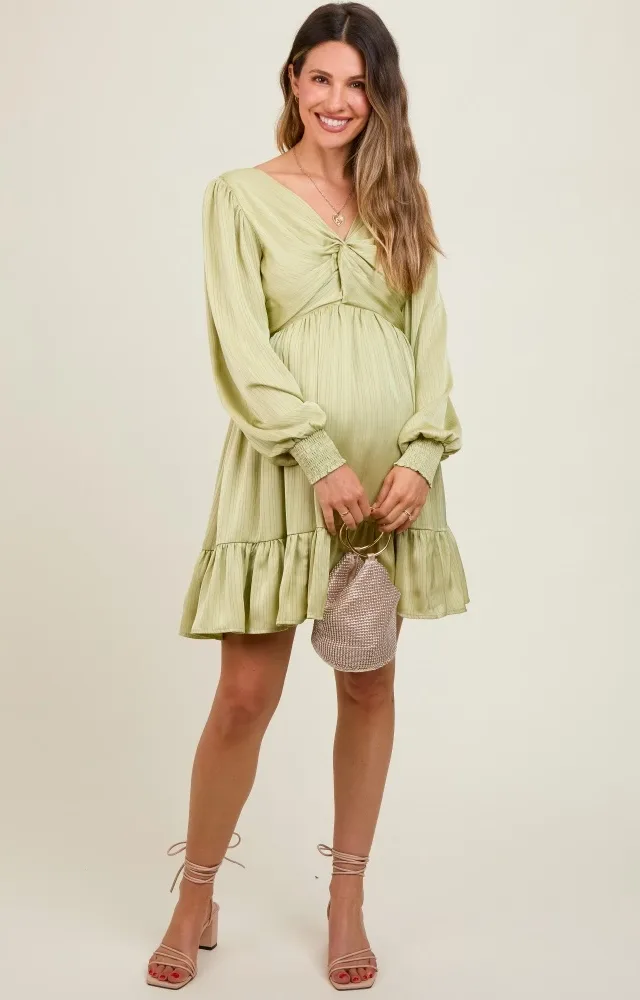 Mint Green Striped Satin Twist Front Maternity Dress