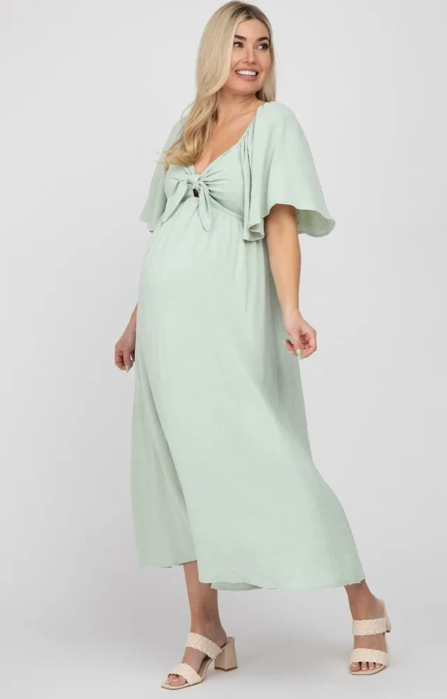 Mint Green Textured Dot Front Tie Ruffle Sleeve Maternity Midi Dress