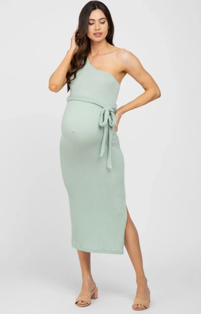 Mint Ribbed One Shoulder Side Slit Maternity Midi Dress