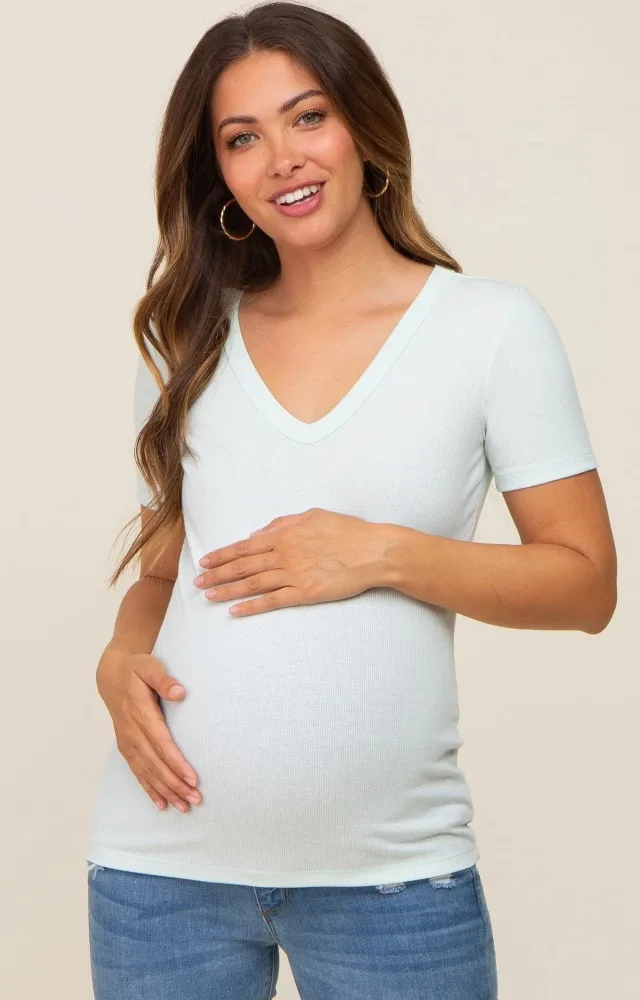 Mint Ribbed V-Neck Maternity Top