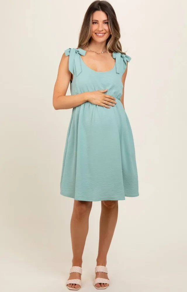 Mint Solid Tie-Shoulder Scoop Neck Maternity Dress