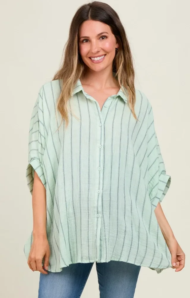 Mint Striped Collared Oversized Maternity Top