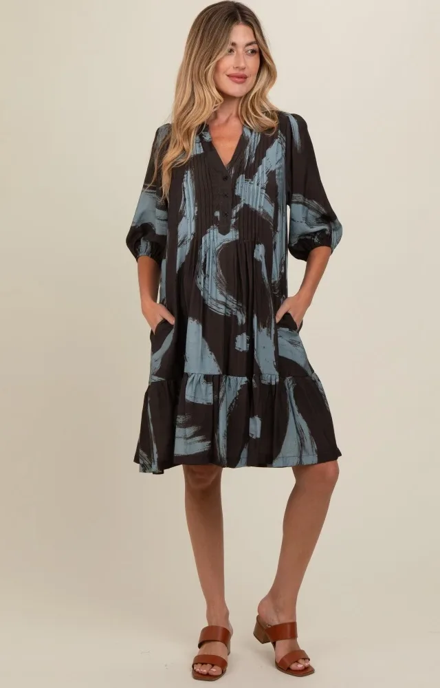 Mocha Abstract Print Button Up Maternity Midi Dress