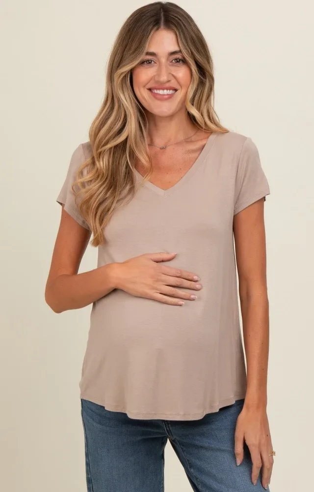 Mocha Basic V-Neck Short Sleeve Maternity Top